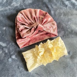 Baby mauve pink velvet knot turban & buttercream floral headband combo 0-12m EUC